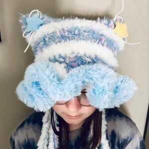 Crochet Cat Ear Jellyfish Hat | Fluffy Knit Winter Beanie | Handmade